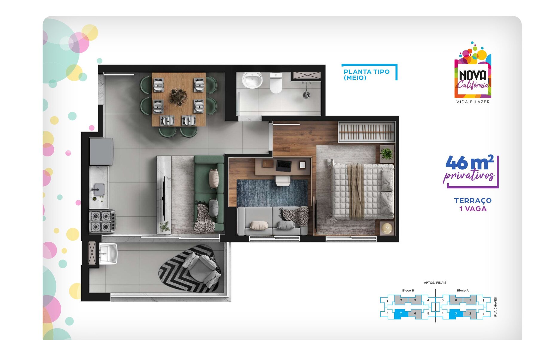Planta de 46 m² — apto. tipo meio do Nova Califórnia