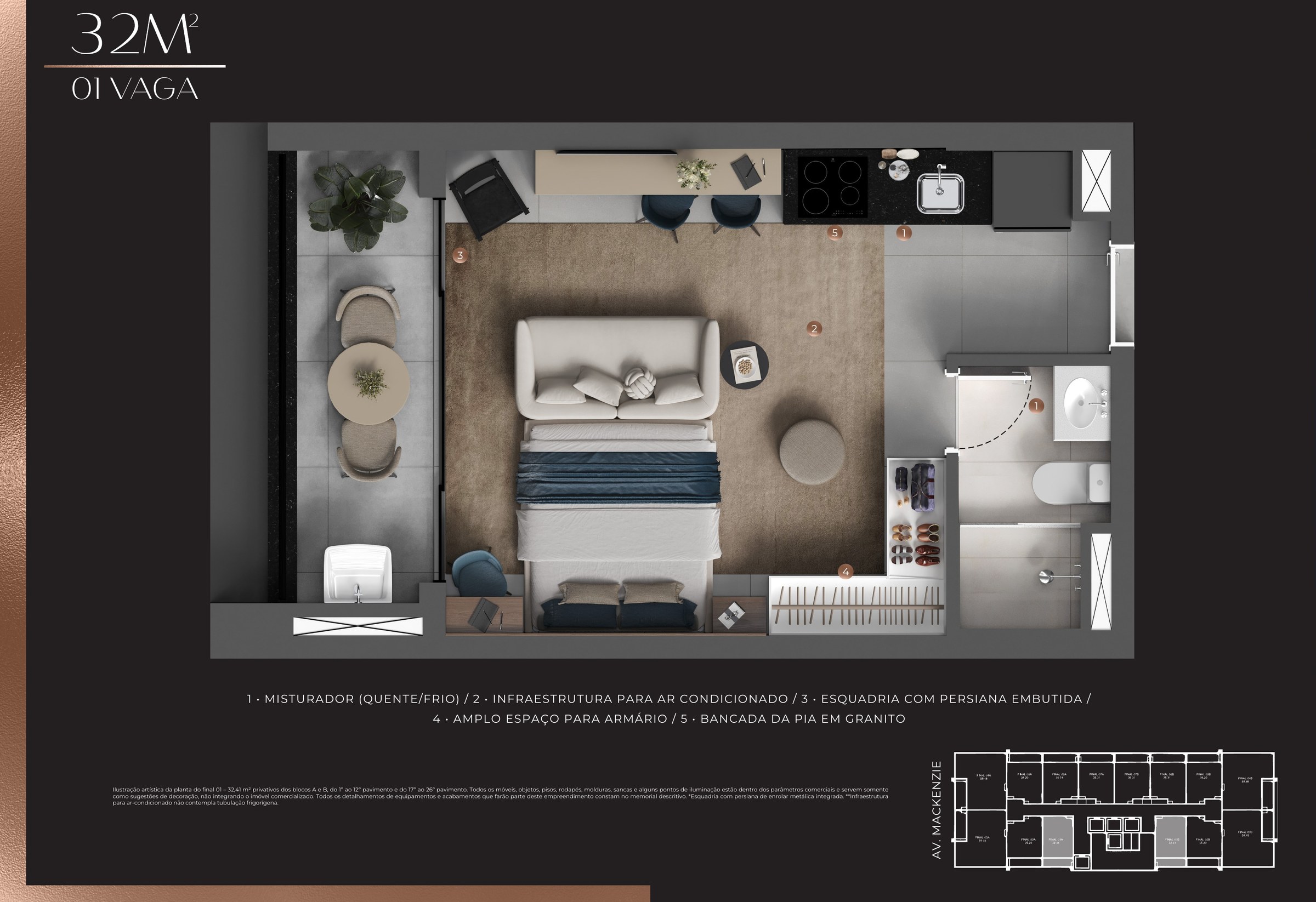 Planta de 32,41 m² do LIV Stay Residence