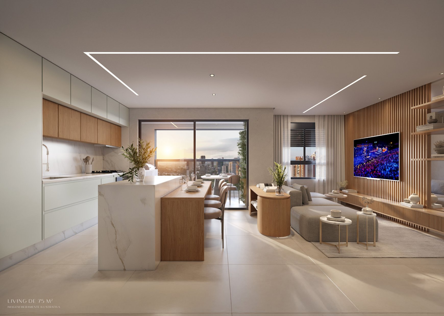 Living da planta de 75,20 m²