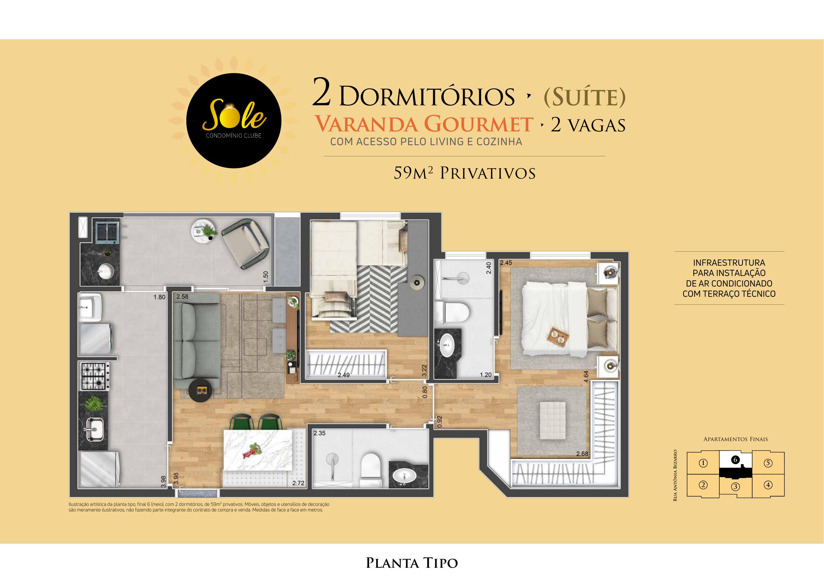 Planta de 59 m² do Sole Condomínio Clube